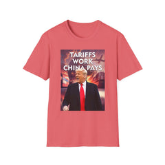 A light red unisex T-shirt with the text 'Tariffs Work, China Pays' printed on the front.
