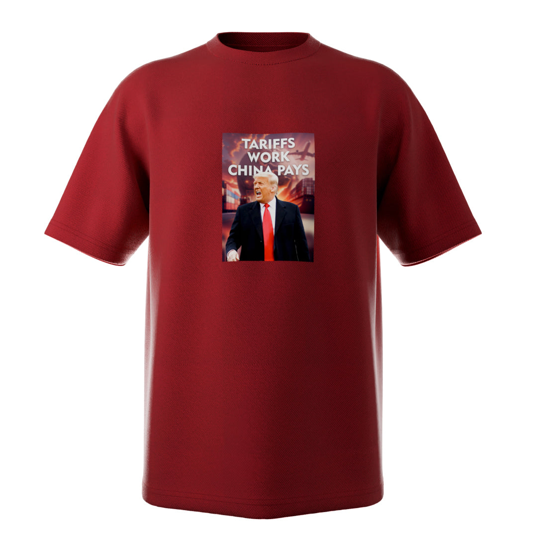 A red unisex T-shirt with the text 'Tariffs Work, China Pays' printed on the front.