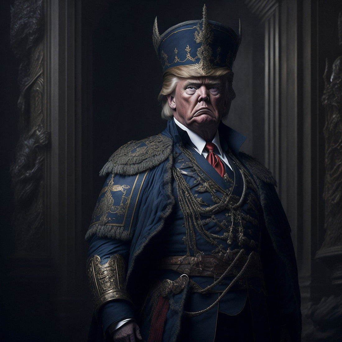 Donald Trump Store Blog AI generated image with trump in royal suit with crown in navy blue color. 