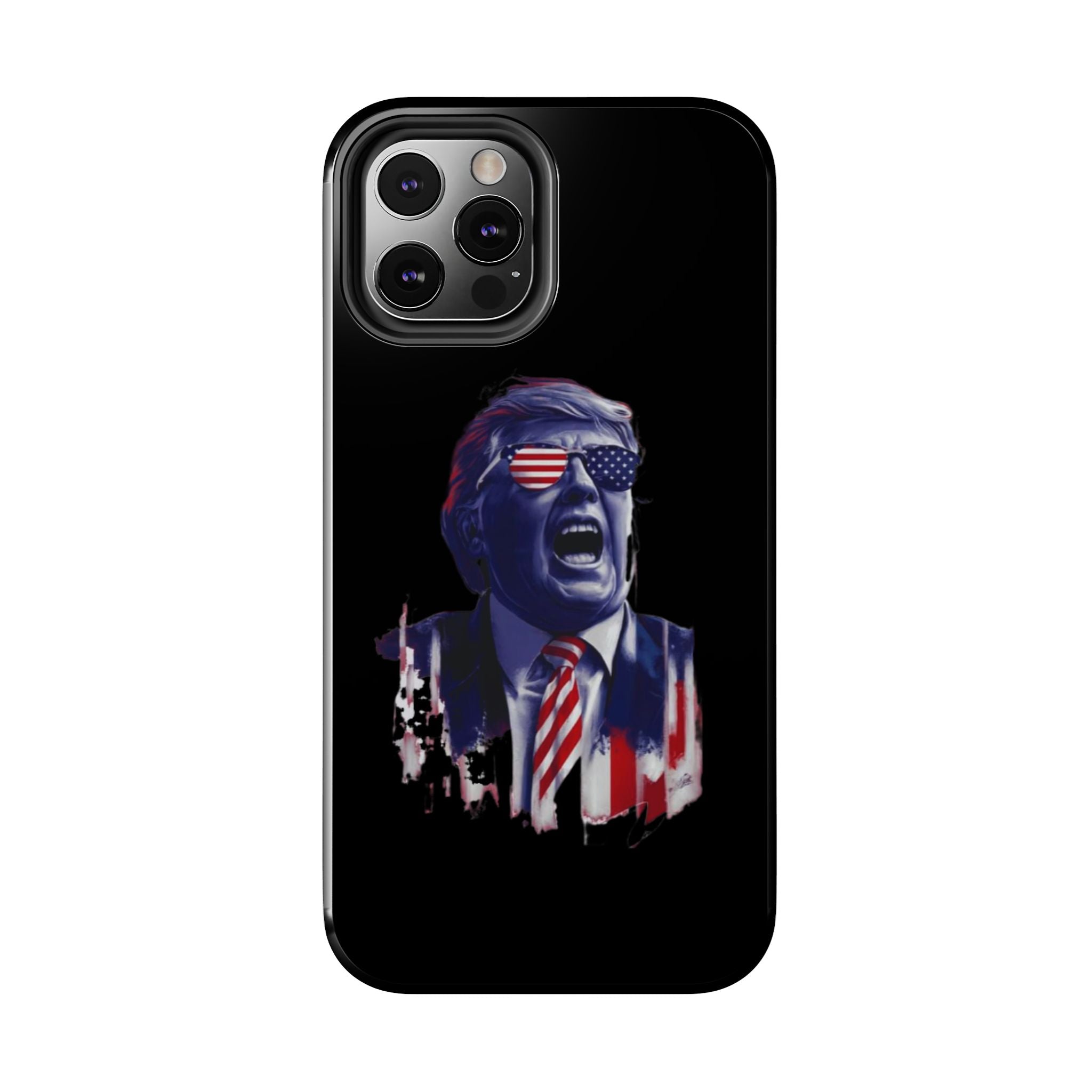 Tough black phone case with animated Trump, available at Donald Trump Store