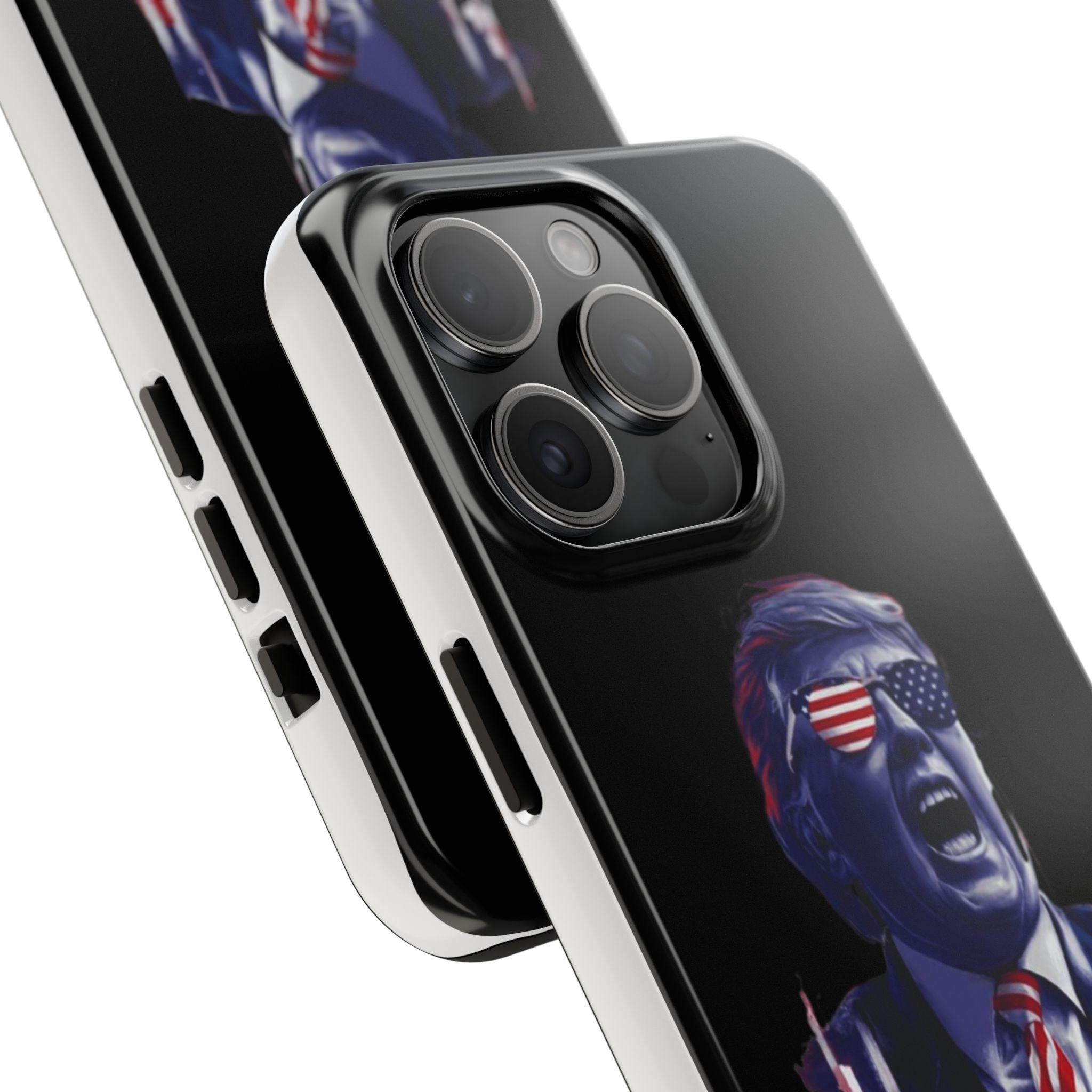 Donald Trump Store's patriotic black phone case with animated Trump