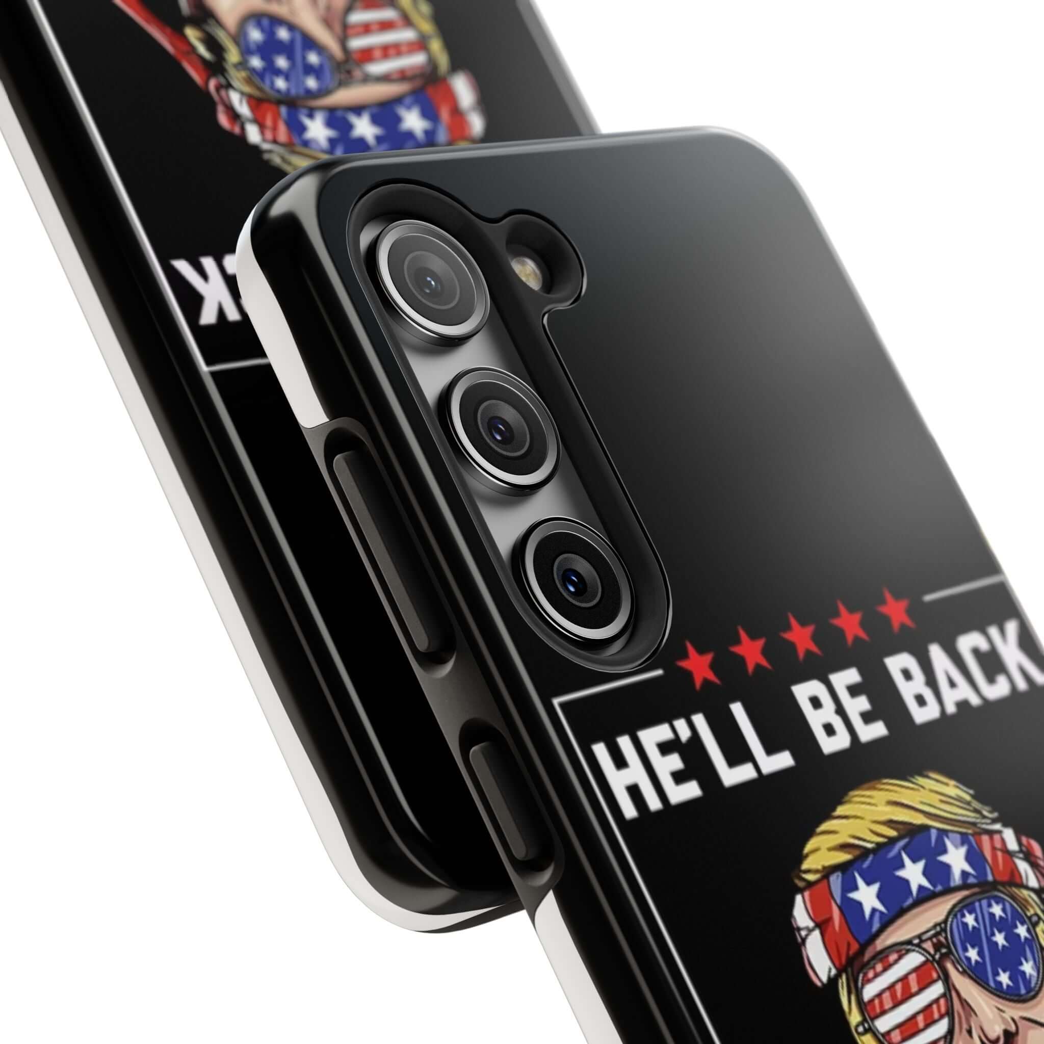 Patriotic 'He Will Be Back' phone case from Donald Trump Store