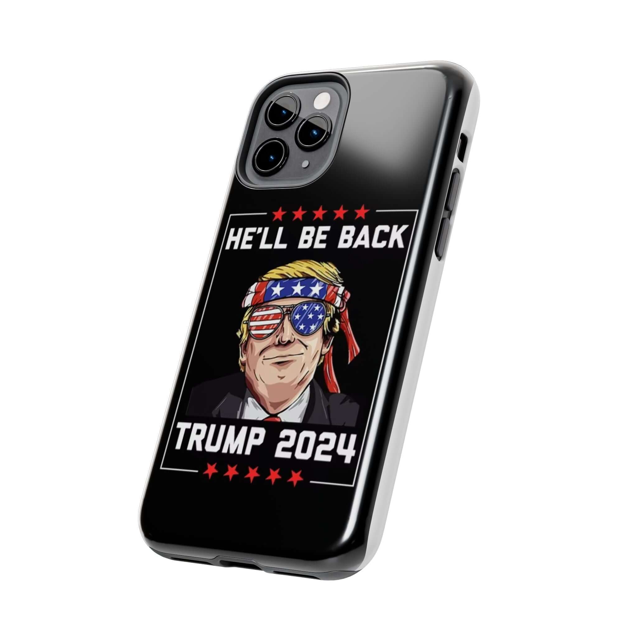 Patriotic 'He Will Be Back Trump 2024' black phone case from Donald Trump Store