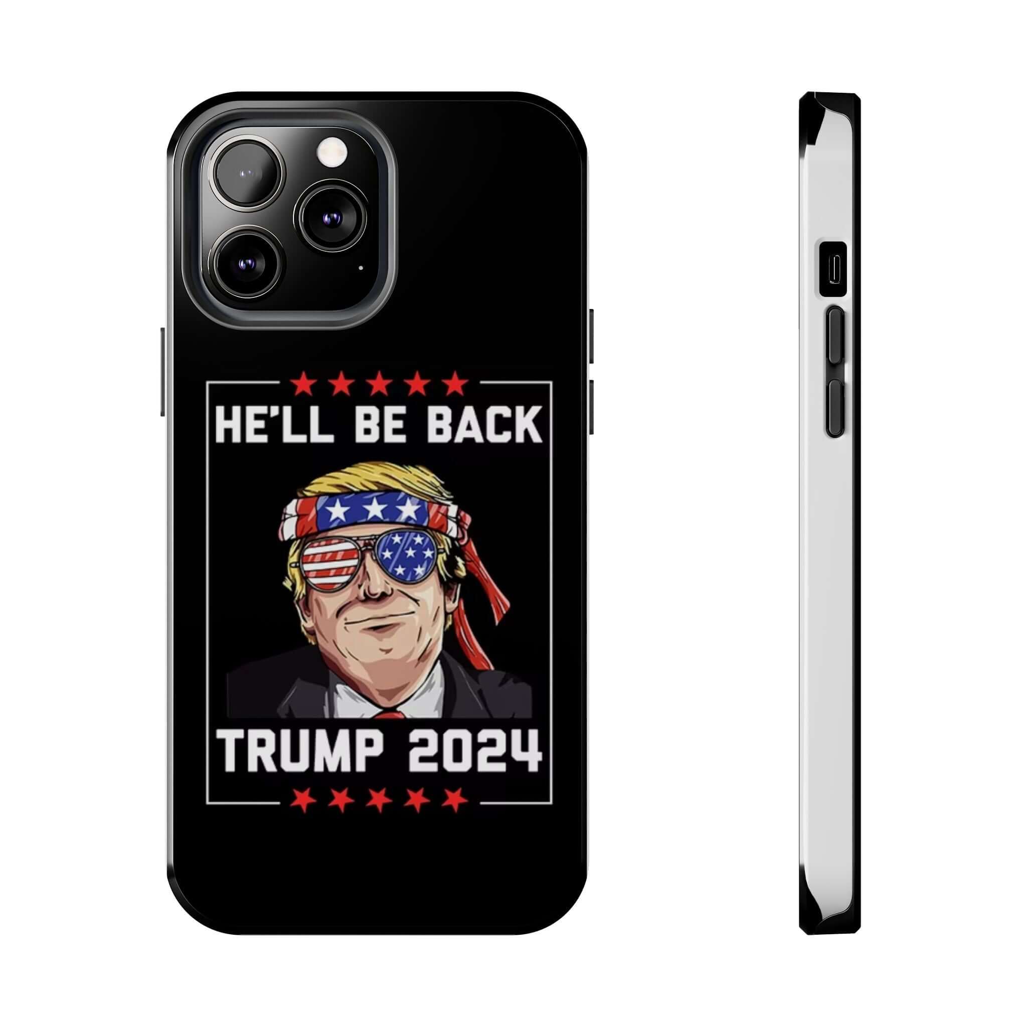 Black tough phone case featuring Donald Trump 'He Will Be Back 2024' design at Donald Trump Store