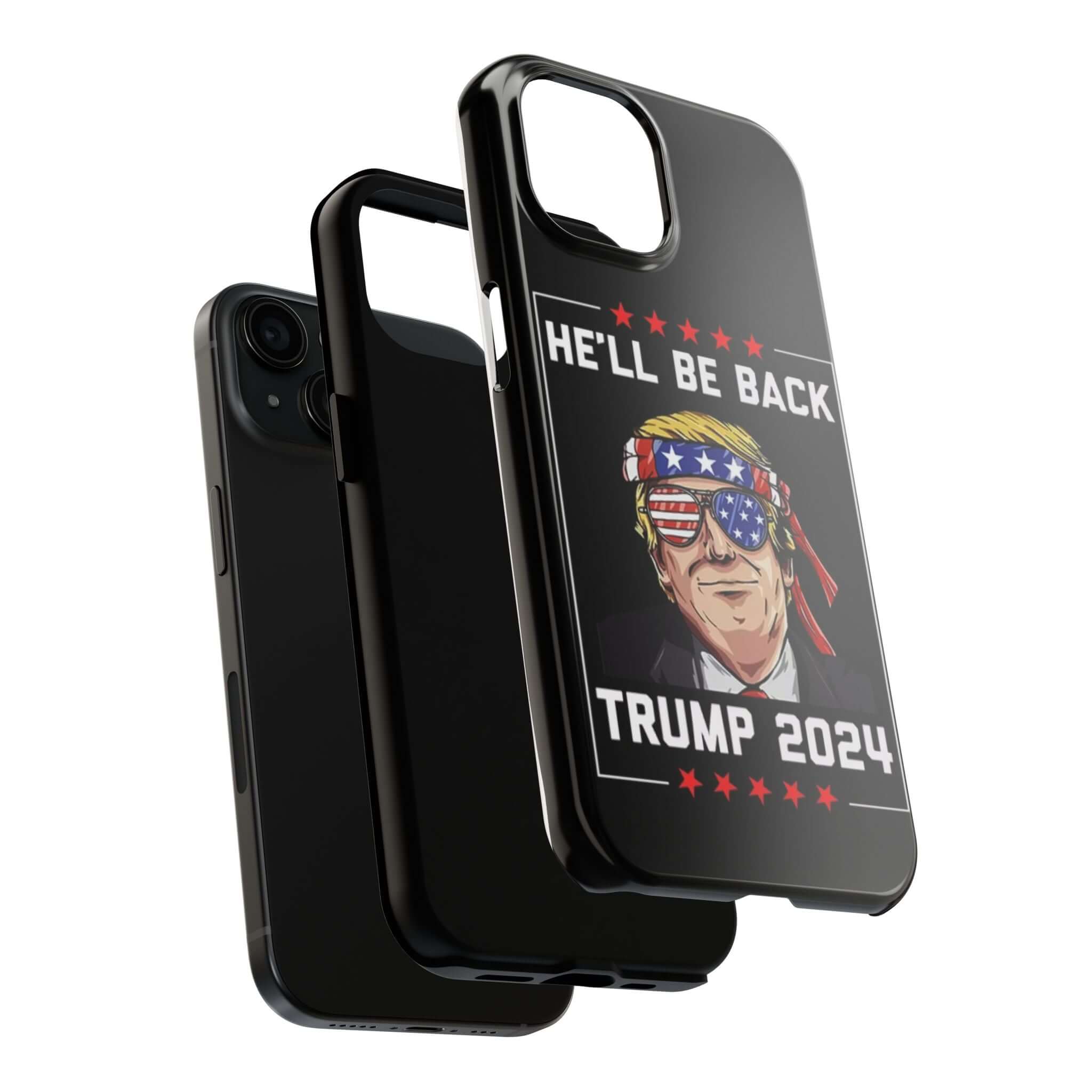 Donald Trump Store black tough case featuring bold 'He Will Be Back Trump 2024