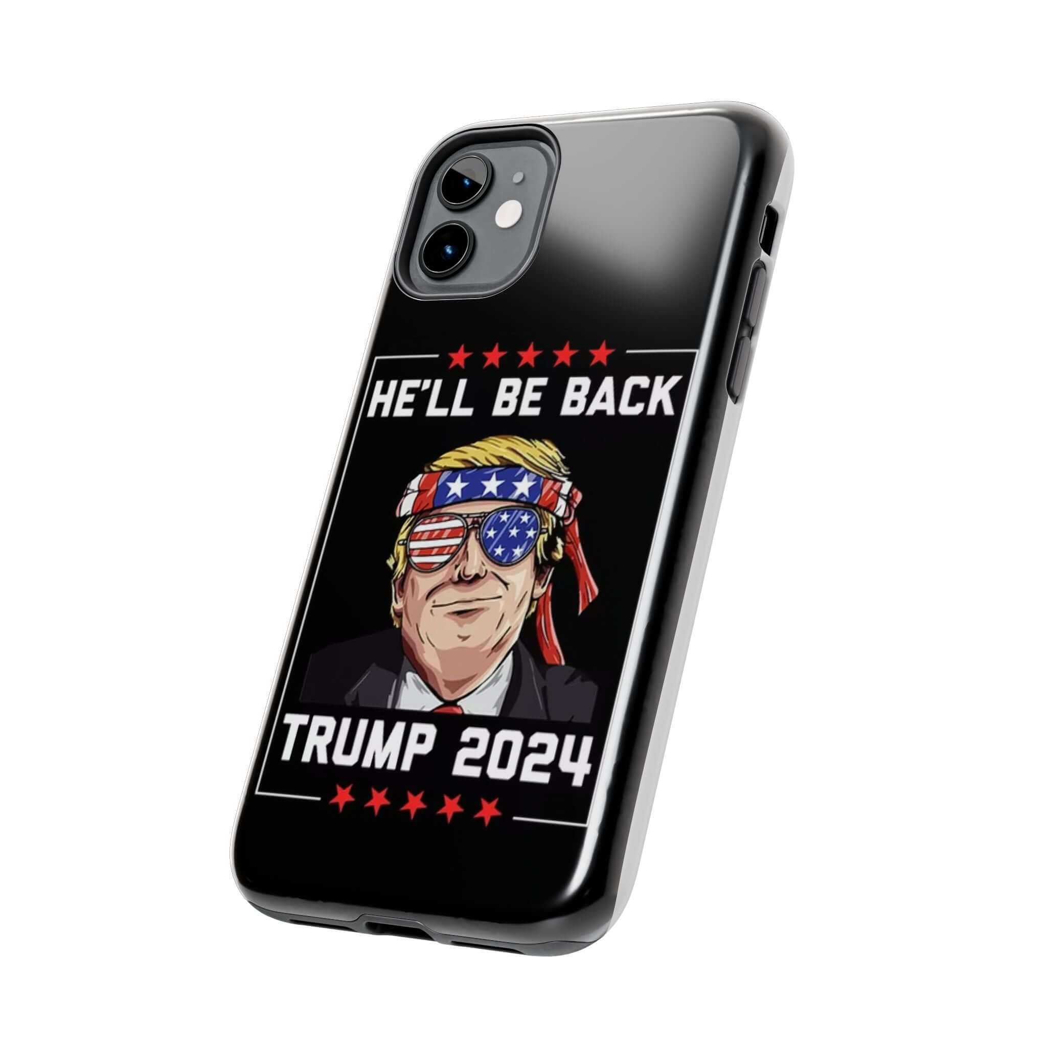 Black tough phone case featuring 'He Will Be Back Trump 2024' at Donald Trump Store