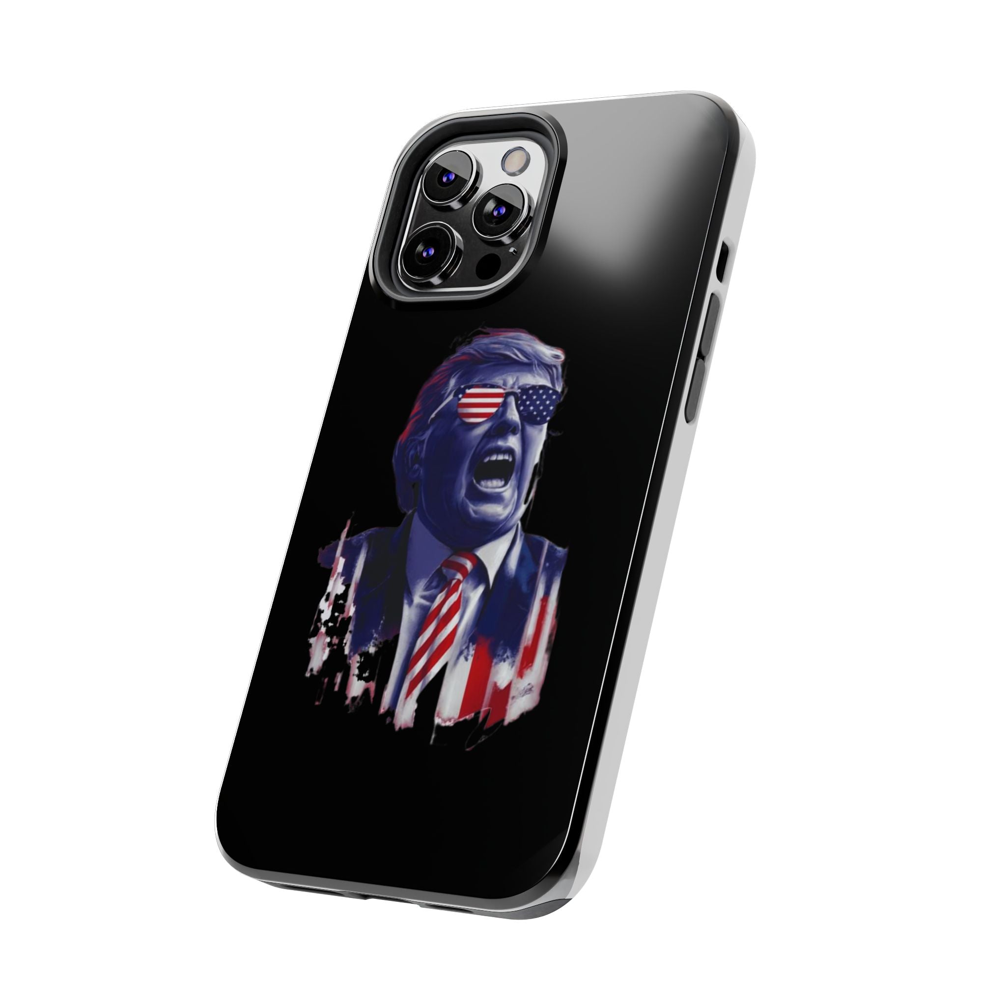 Donald Trump Store’s black phone case with animated Trump design