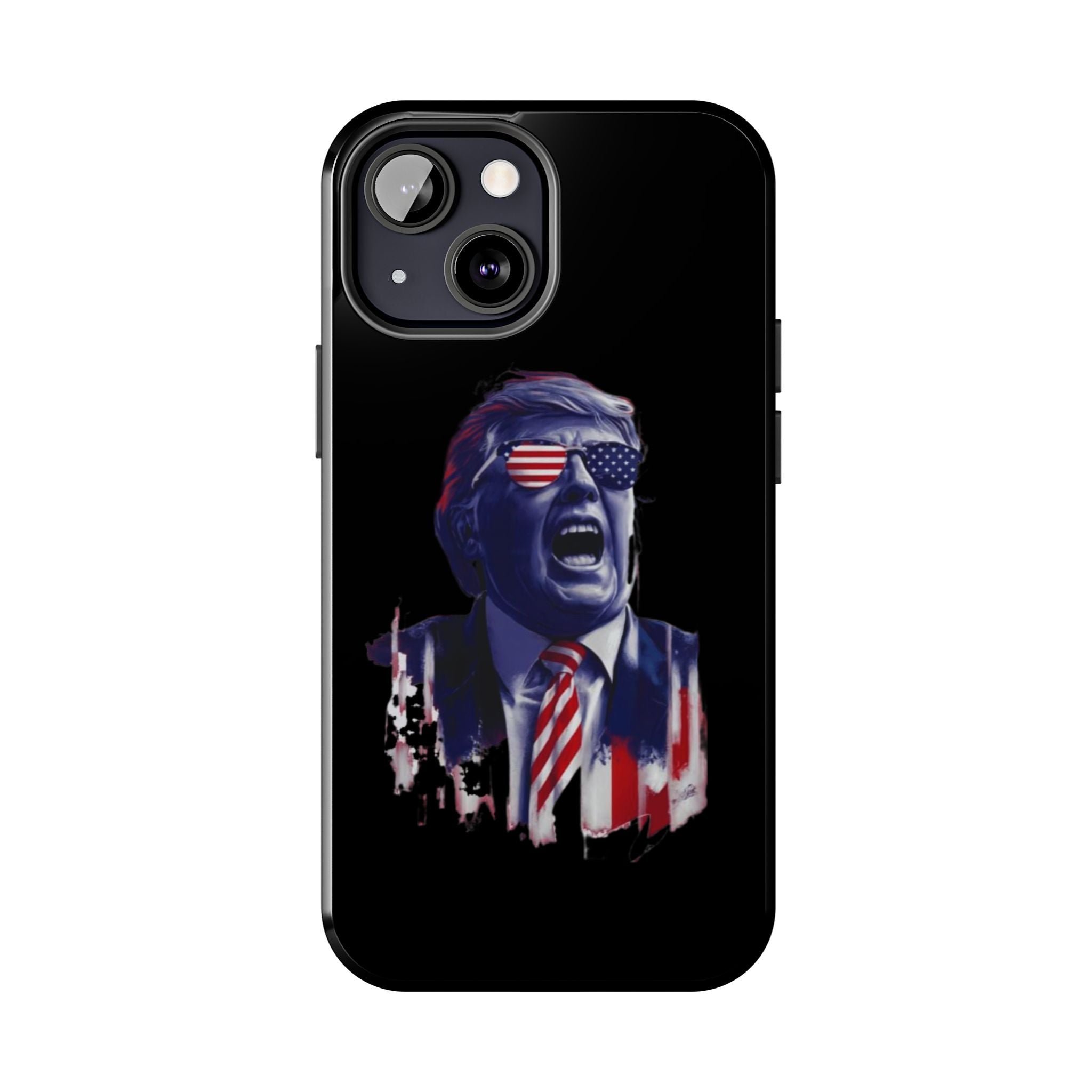 Tough black phone case featuring animated Trump, at Donald Trump Store