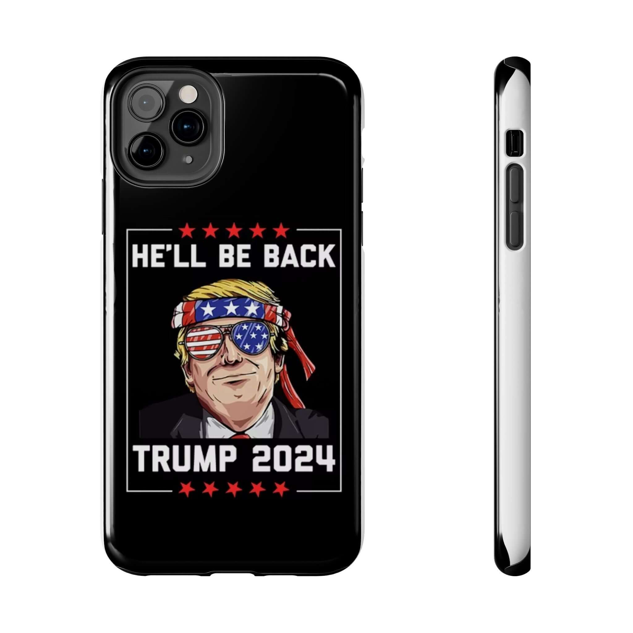 Patriotic black phone case with 'He Will Be Back Trump 2024' from Donald Trump Store