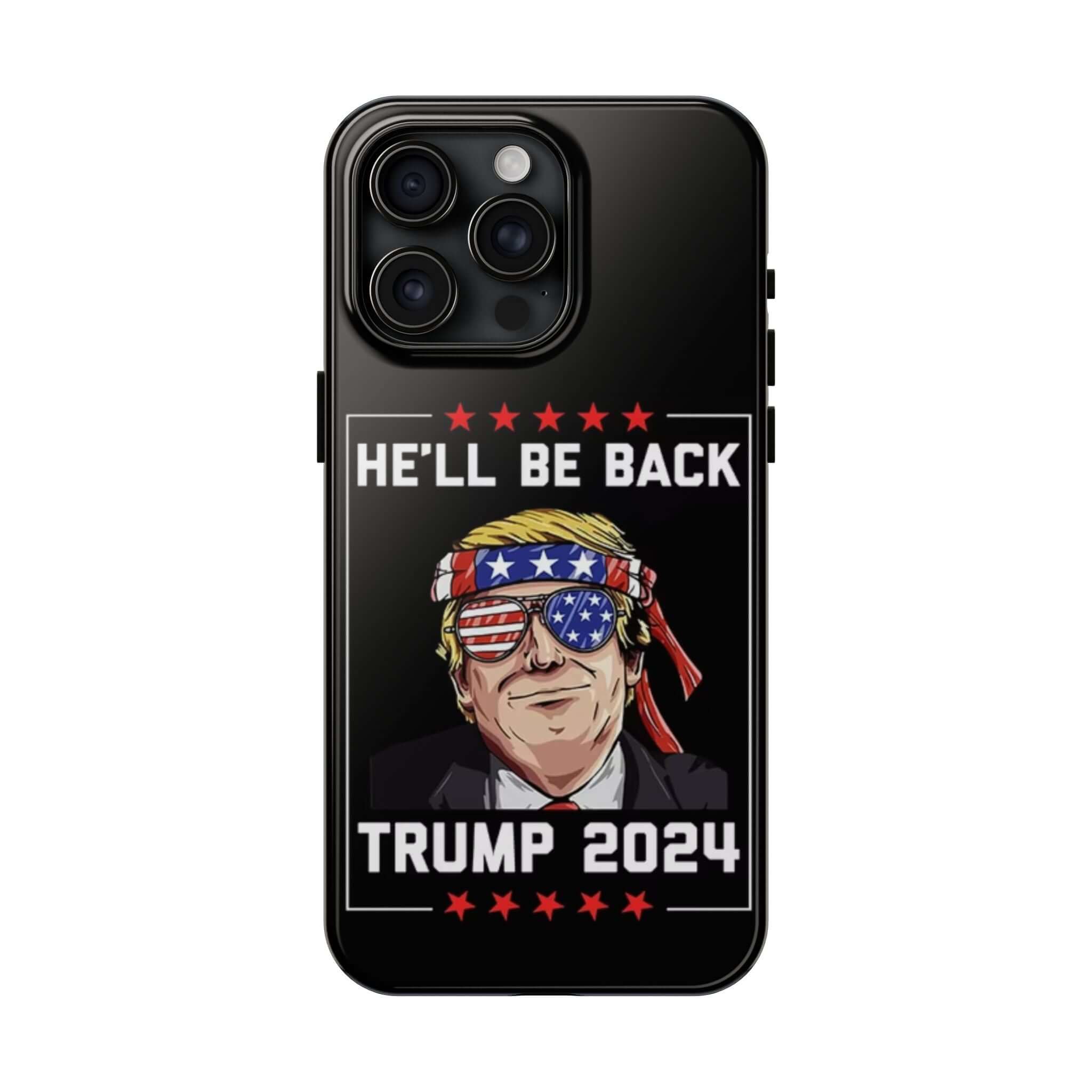 Patriotic black phone case with 'He Will Be Back Trump 2024' print at Donald Trump Store