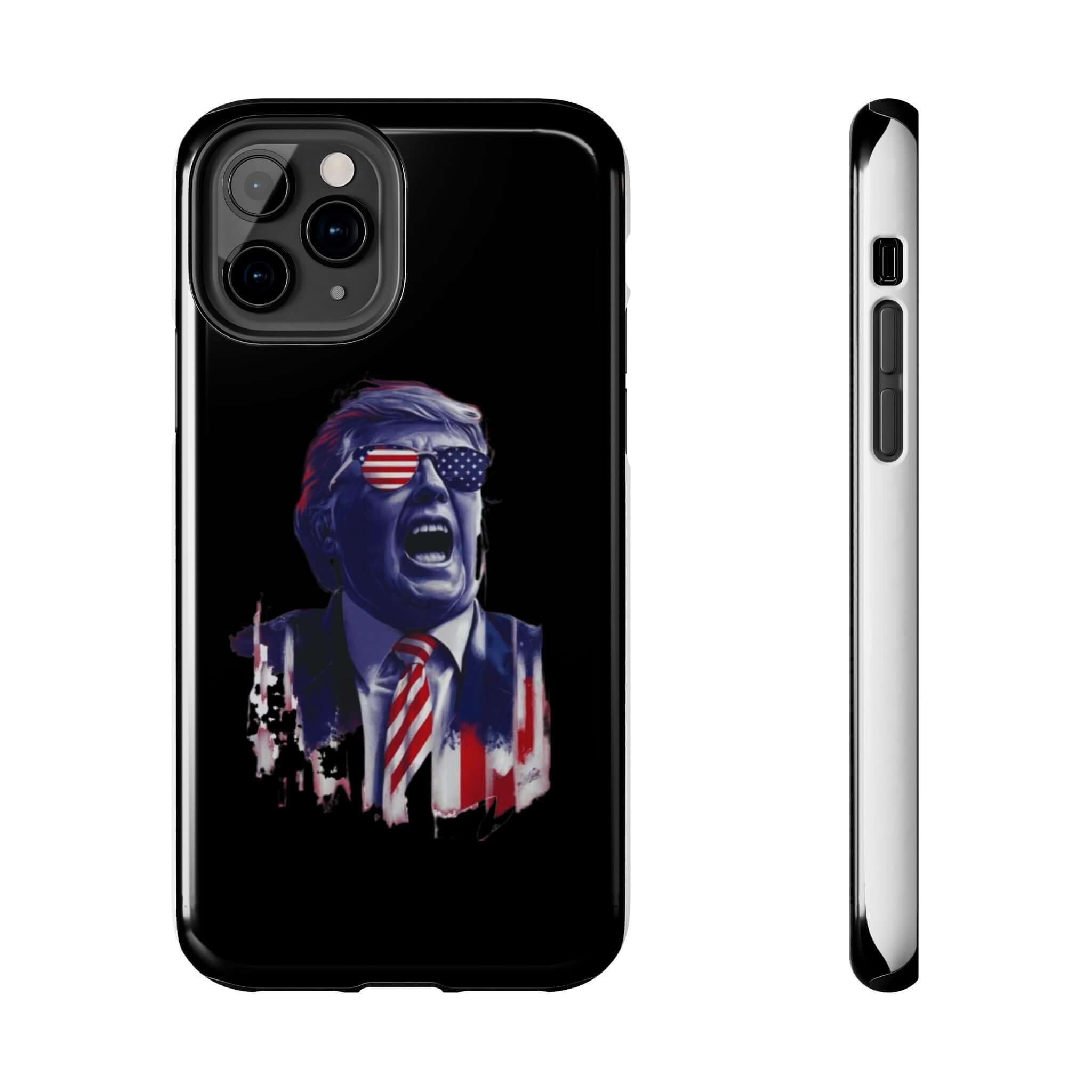 Protective black phone case featuring animated Trump design at Donald Trump Store