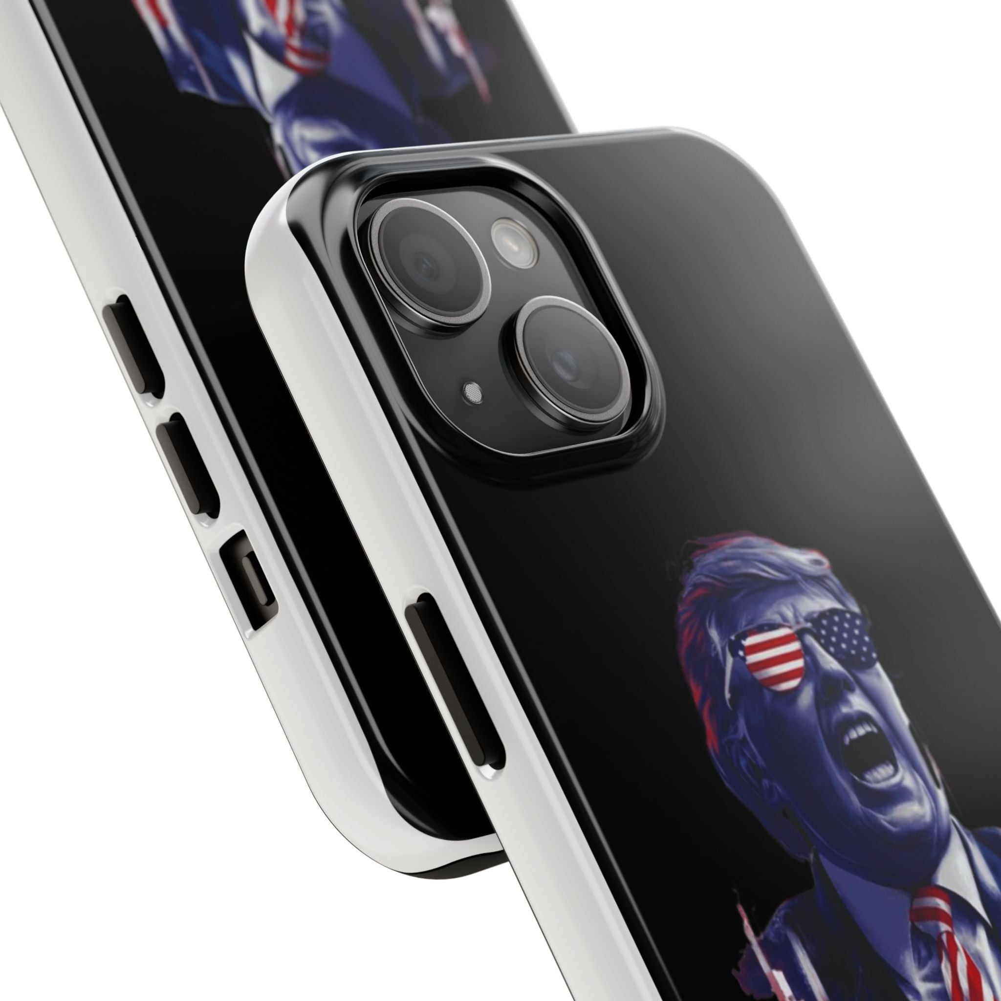 Black phone case with animated Trump, perfect for patriotic supporters, available at Donald Trump Store