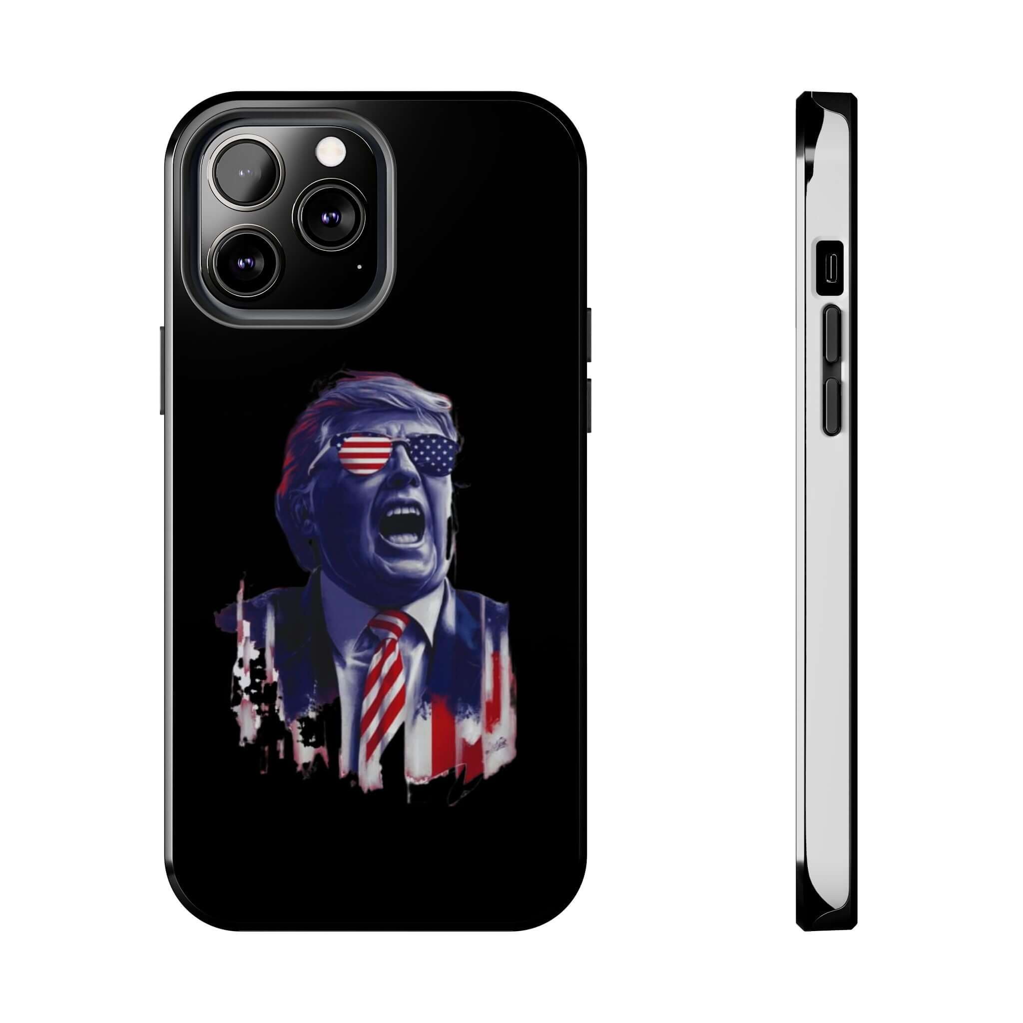 Tough black phone case with animated Trump, perfect for Election Day, from Donald Trump Store