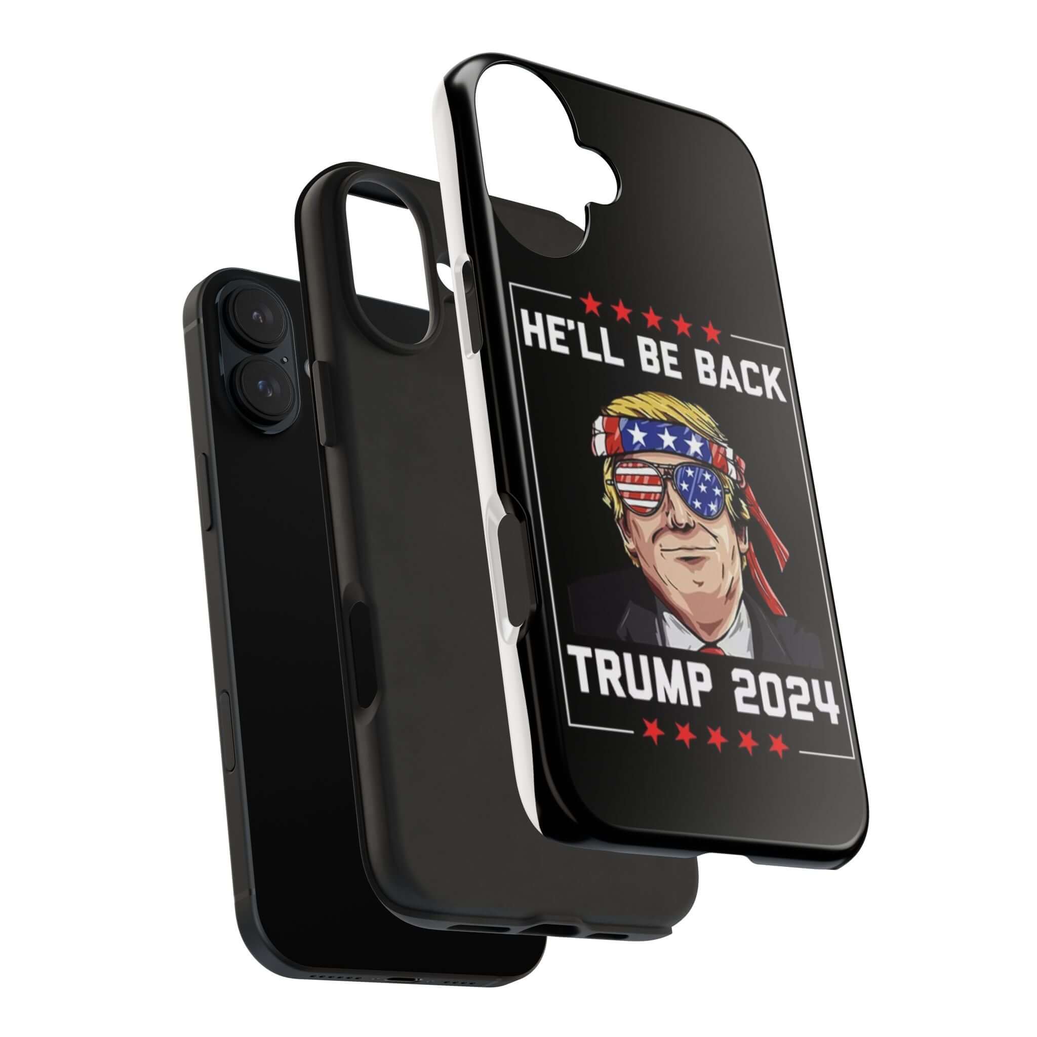 Protective black phone case with 'Trump 2024' slogan, available at Donald Trump Store