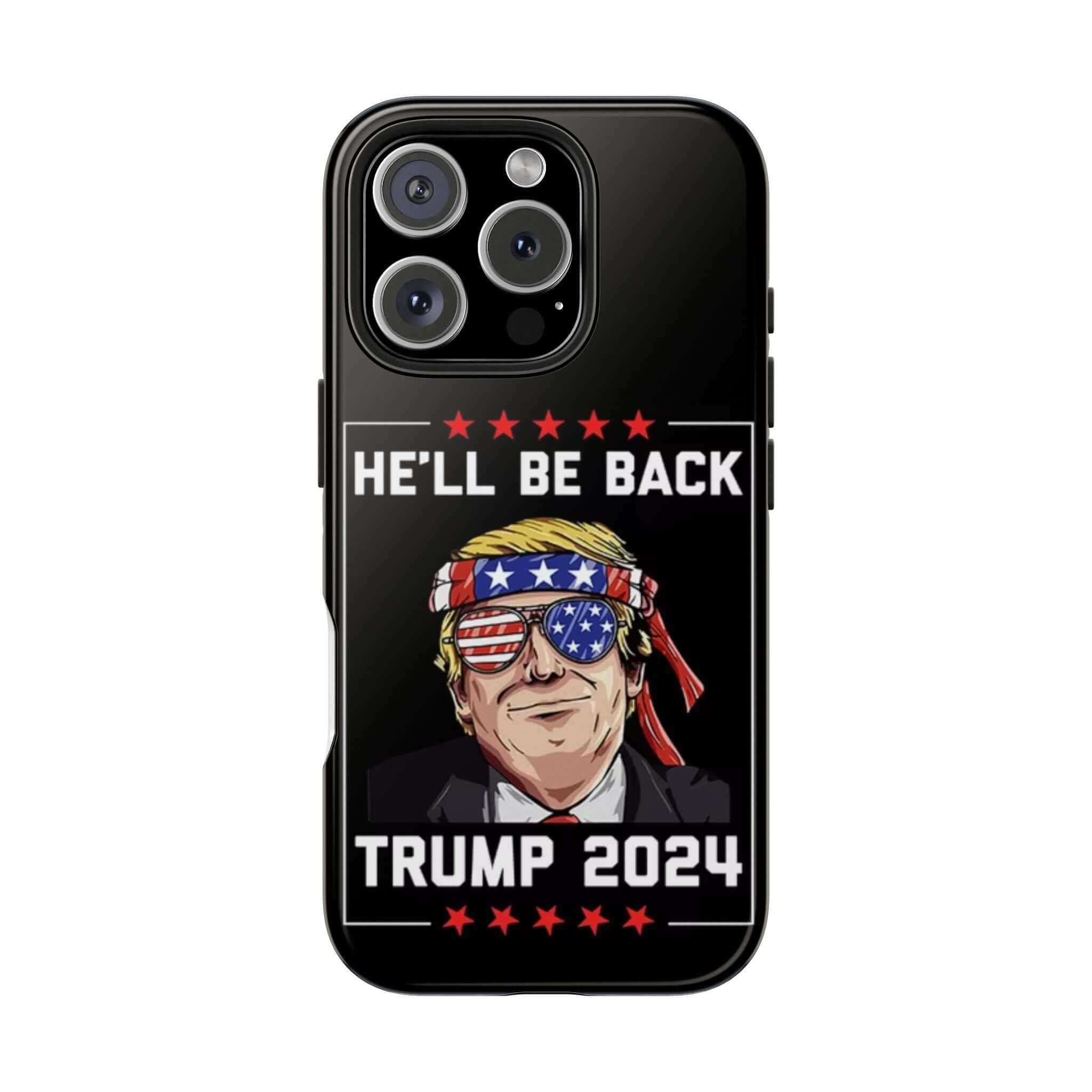 Black phone case with 'He Will Be Back Trump 2024' design from Donald Trump Store