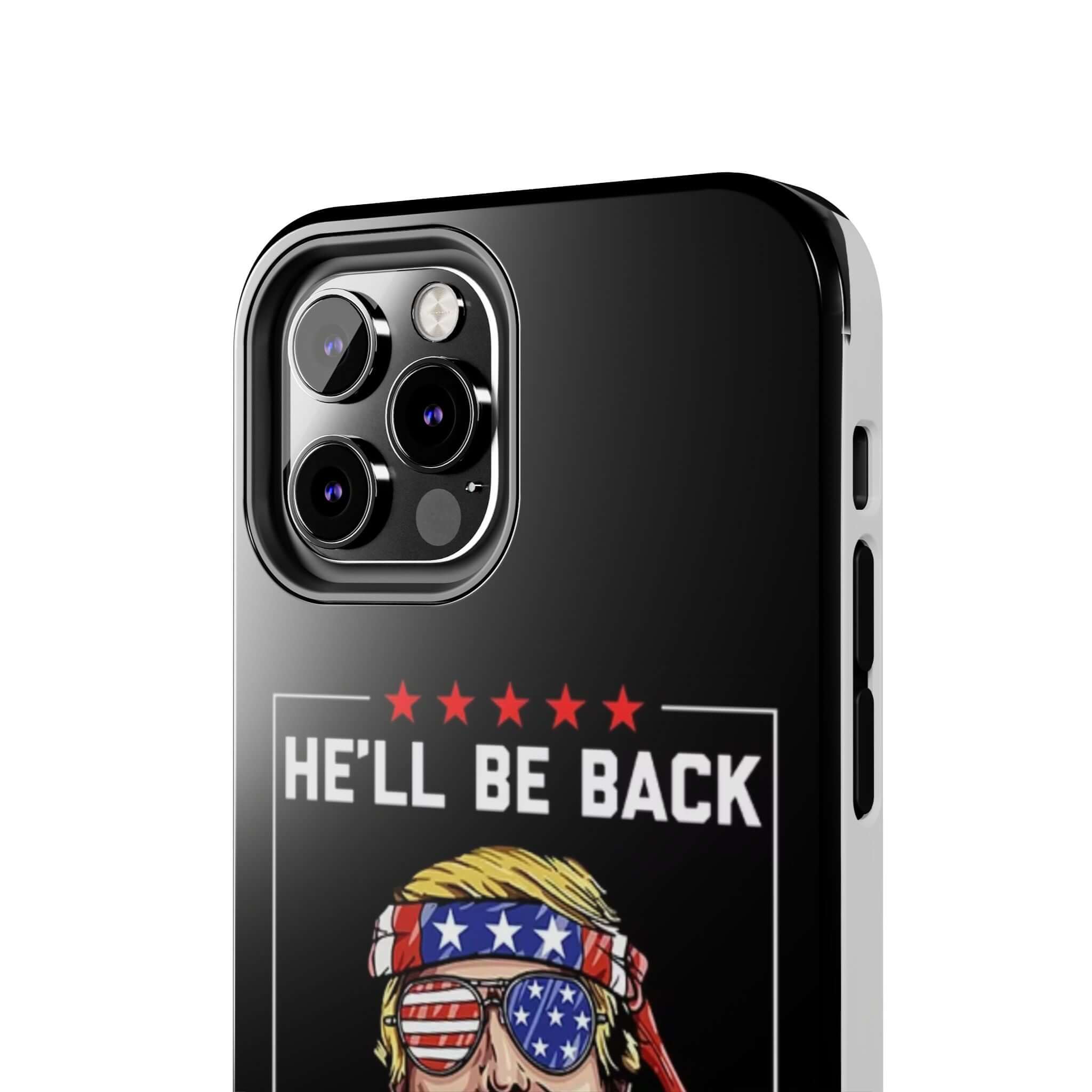 Patriotic black phone case featuring 'He Will Be Back Trump 2024' print at Donald Trump Store