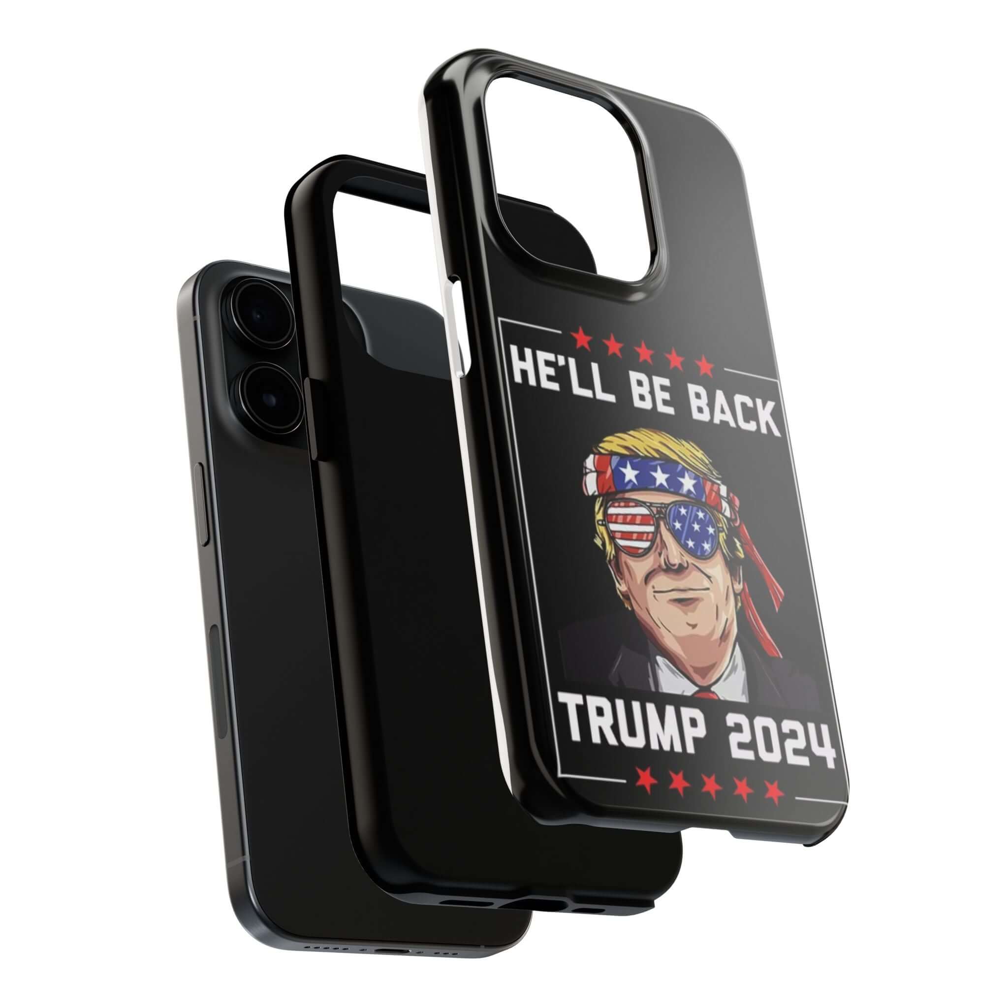 Donald Trump Store black phone case with bold 'He Will Be Back 2024' print