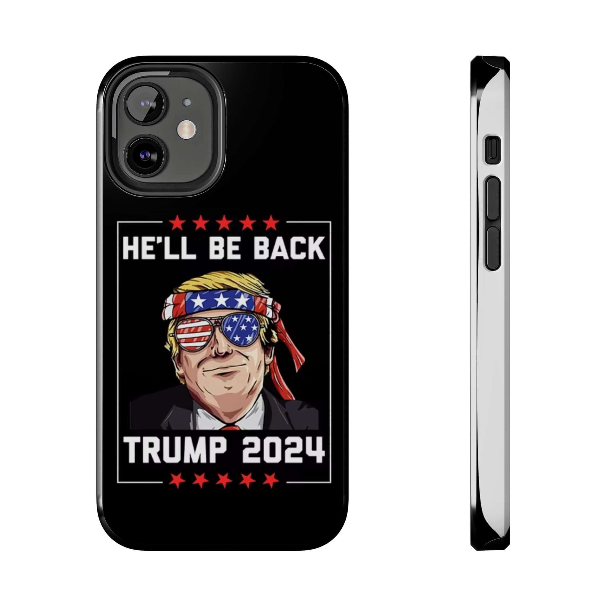 Bold 'He Will Be Back Trump 2024' design on black tough phone case from Donald Trump Store