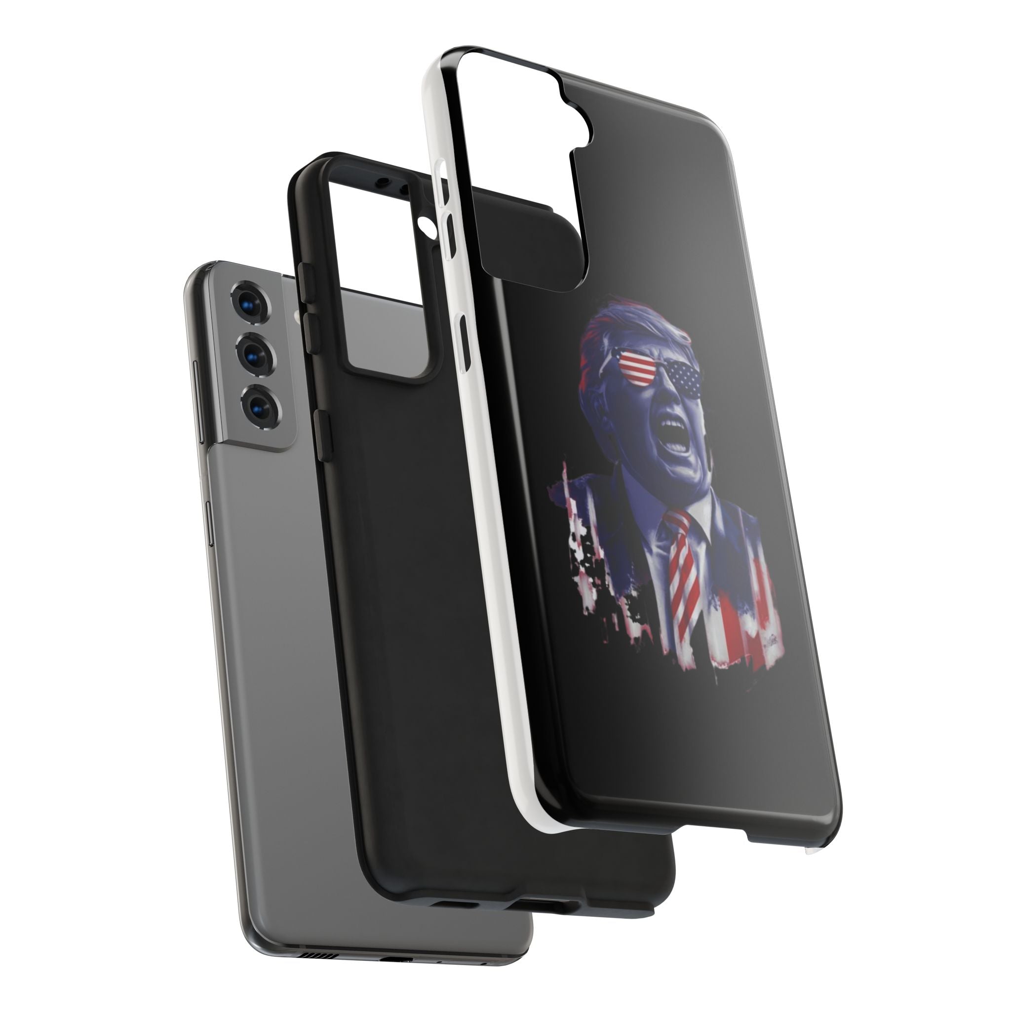 Black phone case with animated Trump design for Trump supporters, sold by Donald Trump Store