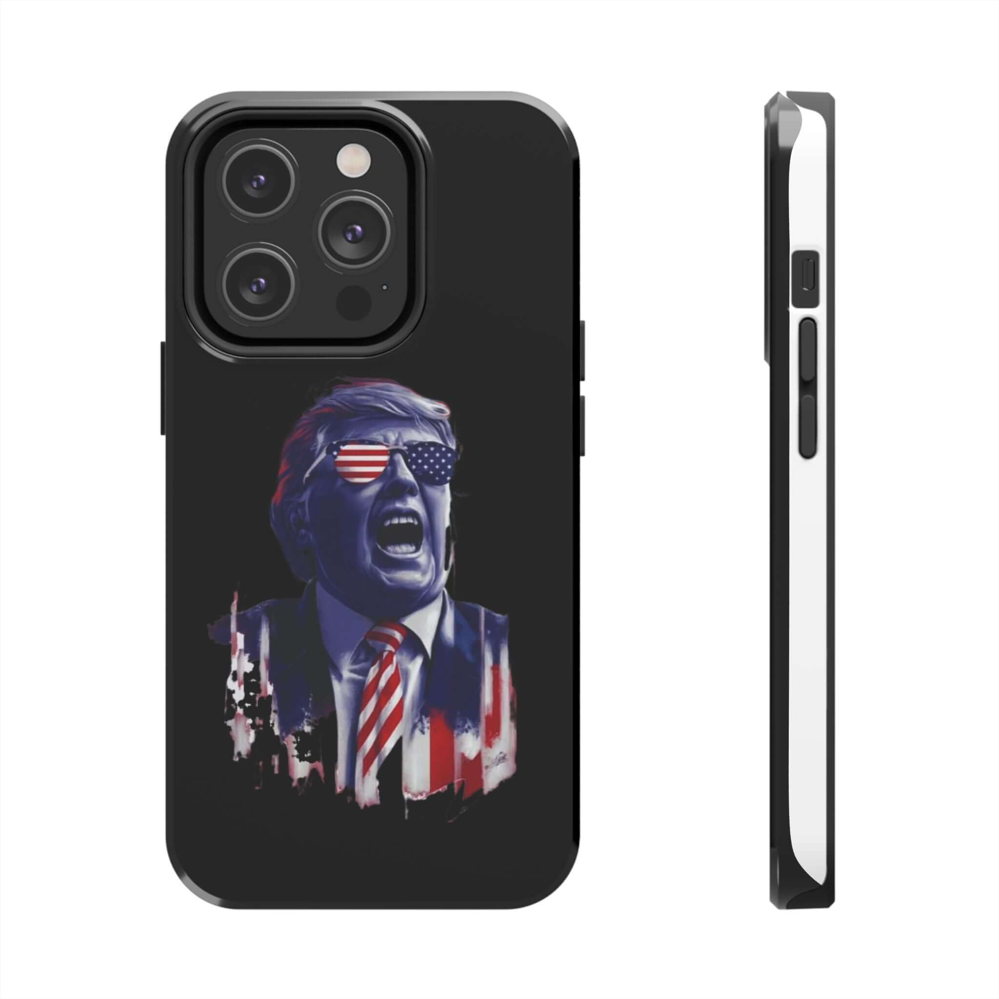 Donald Trump Store’s black phone case with animated Trump for patriotic holidays