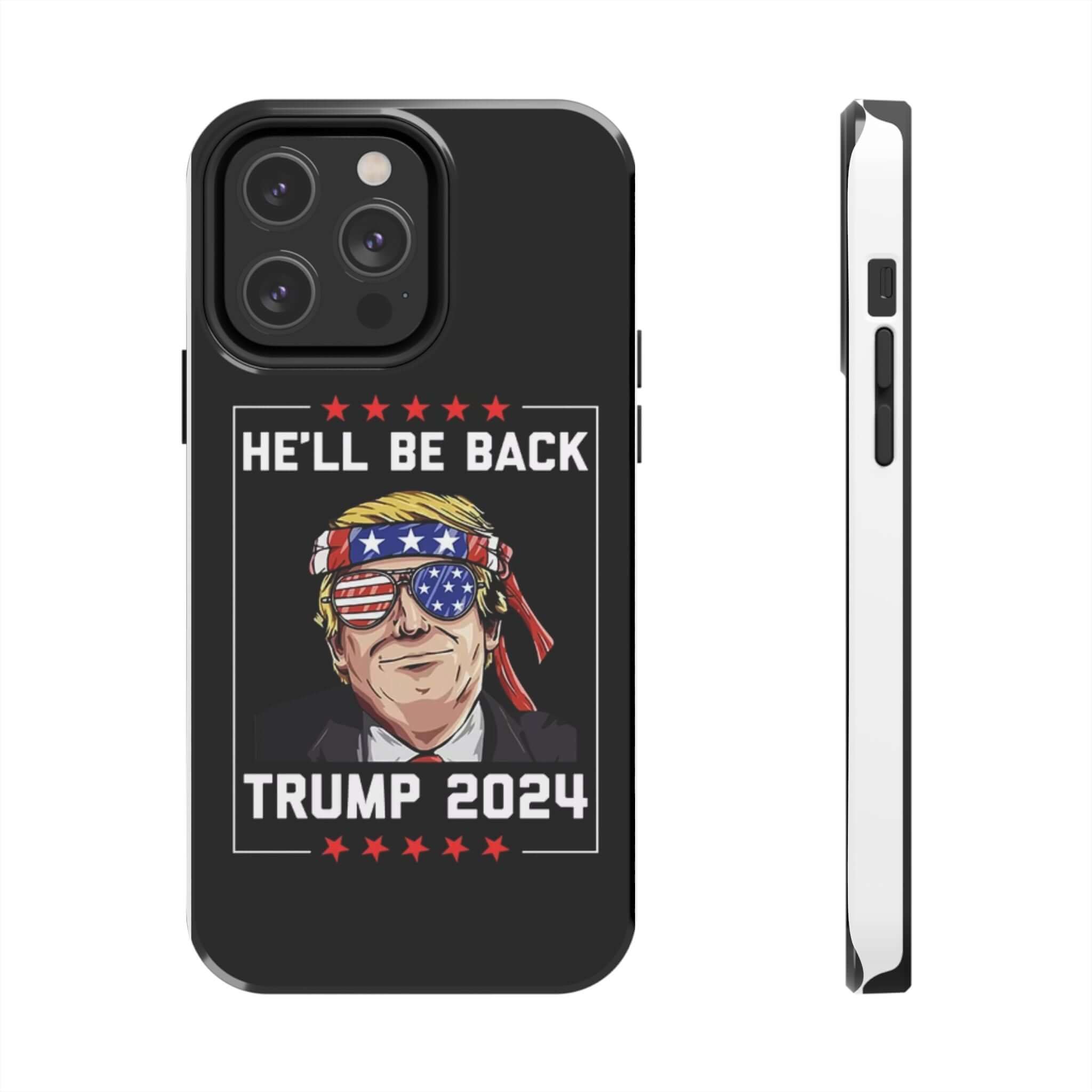 Black phone case with 'He Will Be Back Trump 2024' print from Donald Trump Store