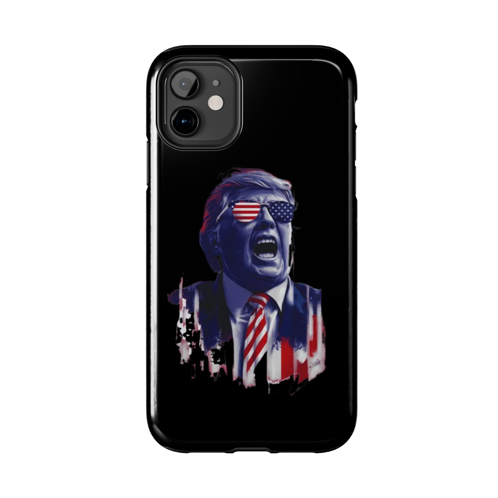 Black phone case with animated Trump design for rallies, from Donald Trump Store