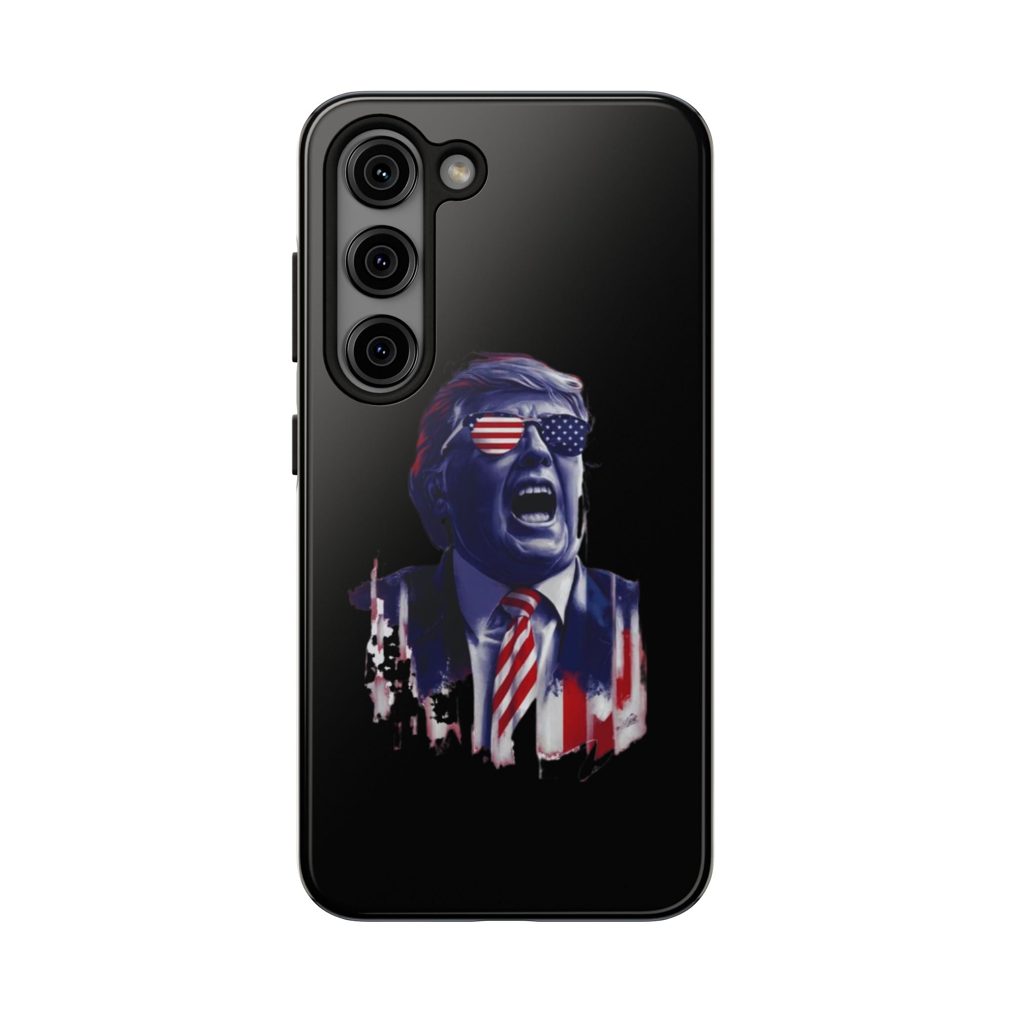 Stylish black phone case with animated Trump, available at Donald Trump Store