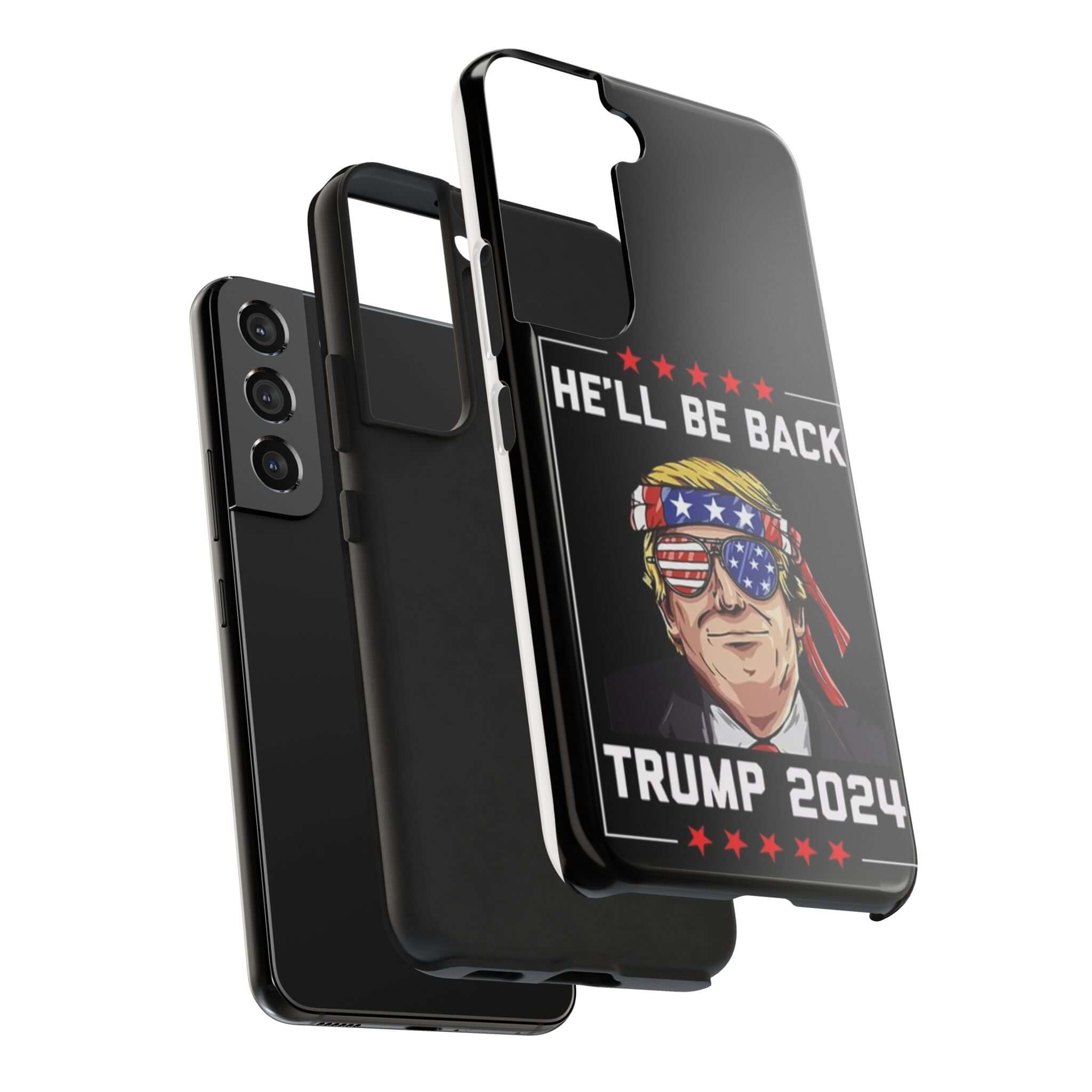 Patriotic black phone case with 'He Will Be Back Trump 2024' from Donald Trump Store