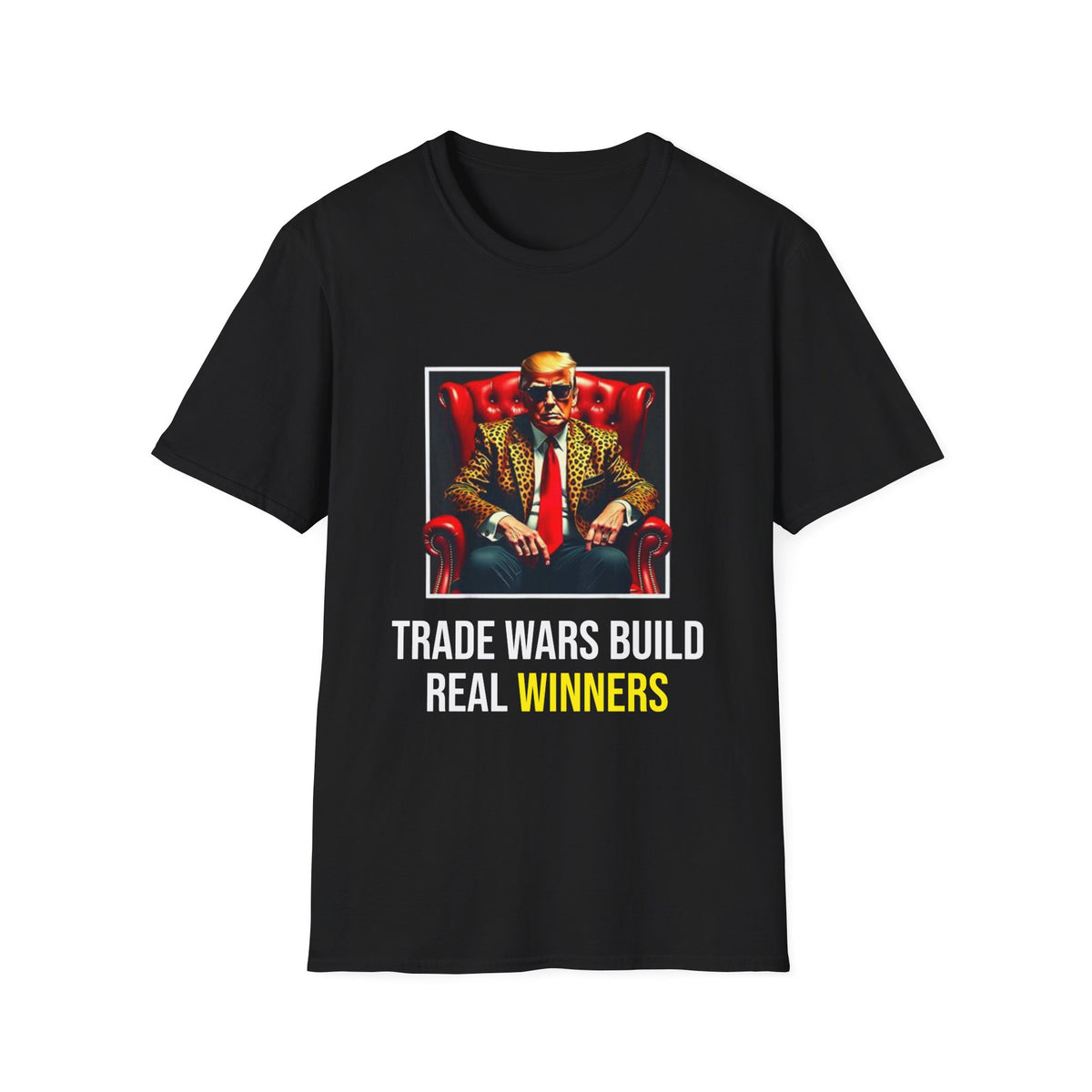 Front view of the Trump America First T-shirt with the “Build Trade War, Build Real Winners” slogan