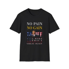 Black crew neck t-shirt with text and graphic related to political messaging, featuring the phrase 'NO PAIN NO GAIN'.