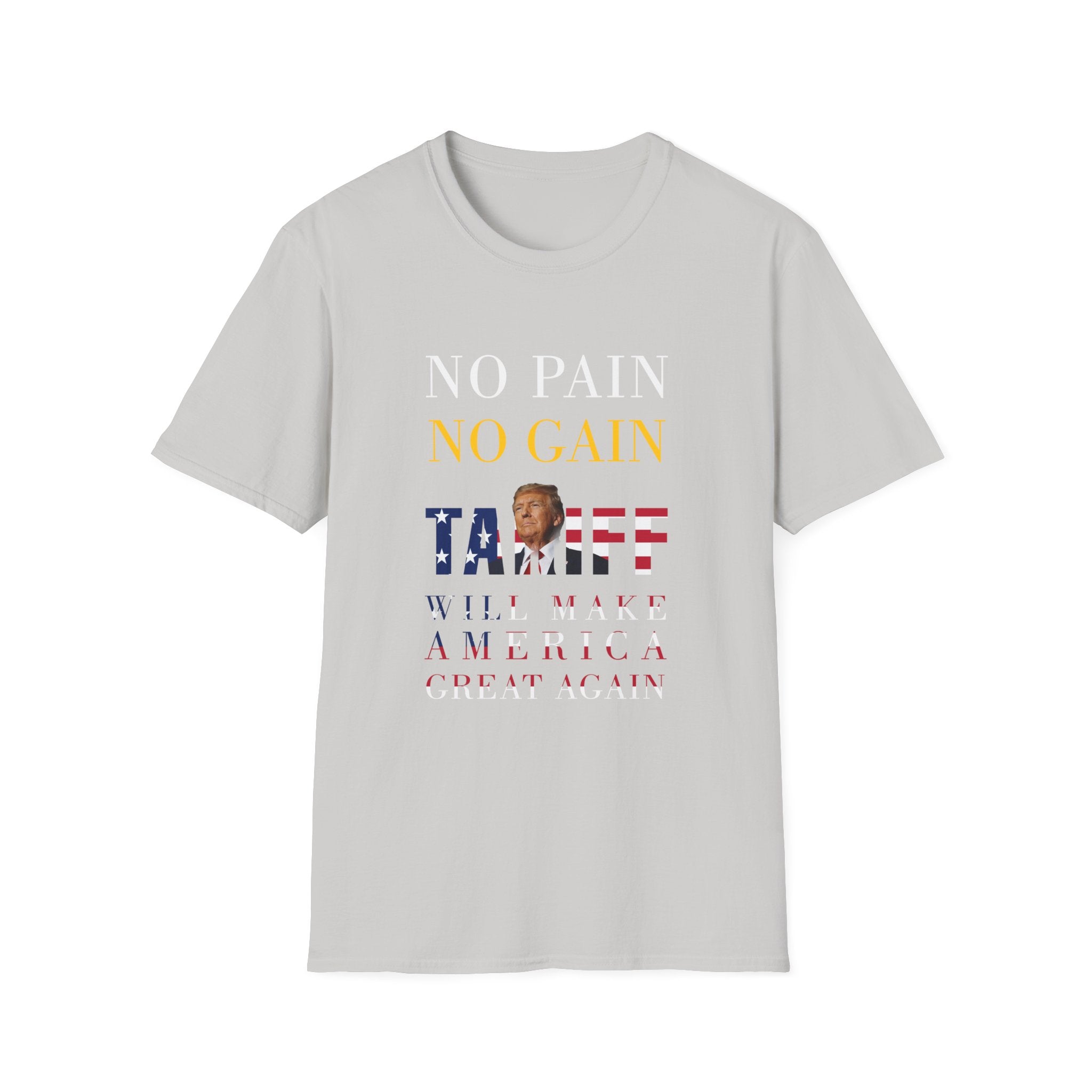 Grey crew neck t-shirt with text and graphic related to political messaging, featuring the phrase 'NO PAIN NO GAIN'.