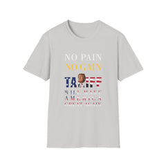 Grey crew neck t-shirt with text and graphic related to political messaging, featuring the phrase 'NO PAIN NO GAIN'.