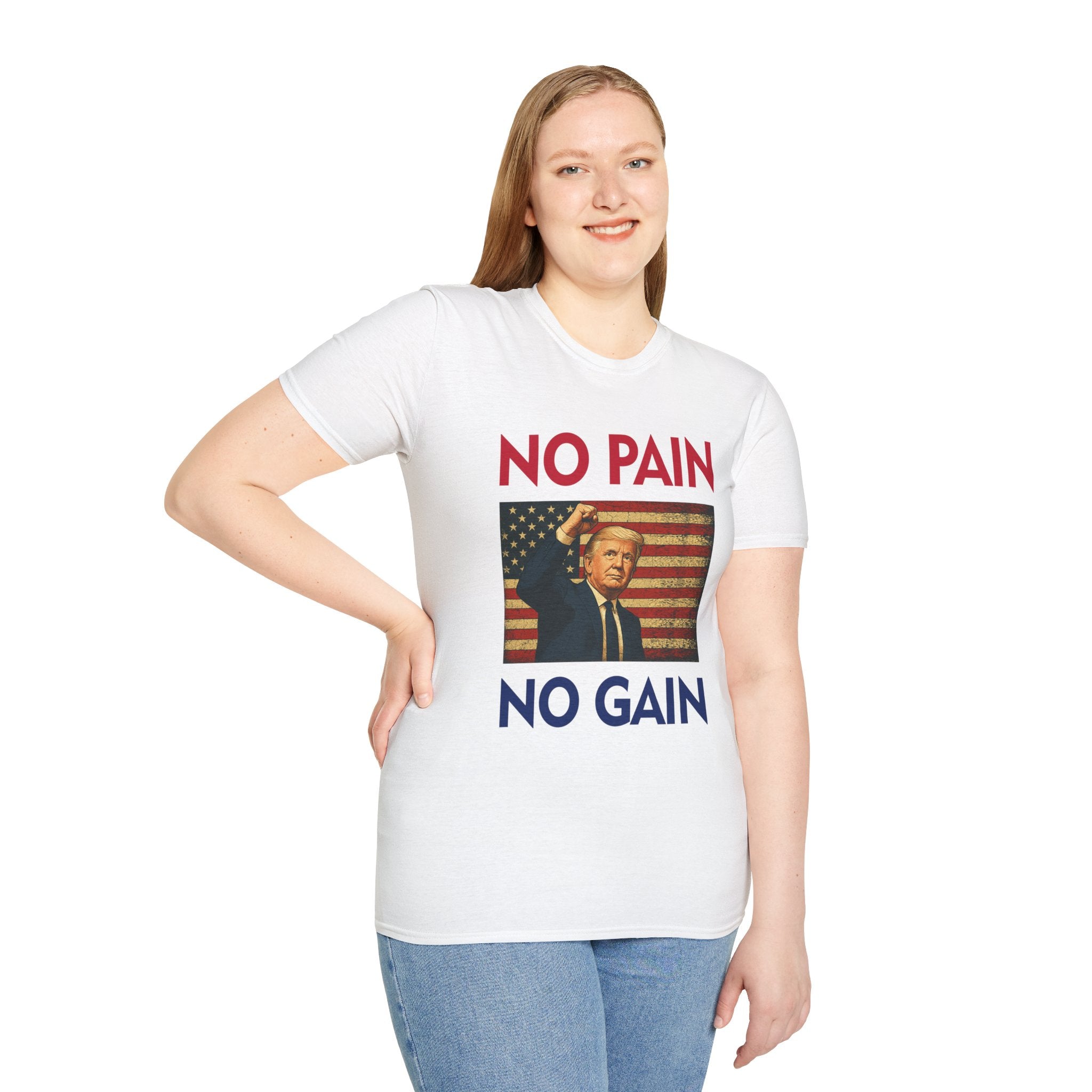 Male and female models wearing the No Gain No Pain T-shirt