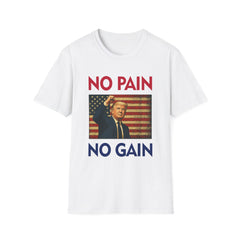 A white t-shirt with the text 'NO PAIN NO GAIN' focused and an image of the United States flag in the center.