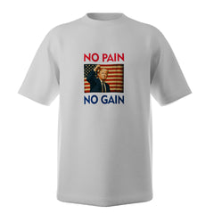 A white t-shirt with the text 'NO PAIN NO GAIN' and an image of the United States flag in the center.