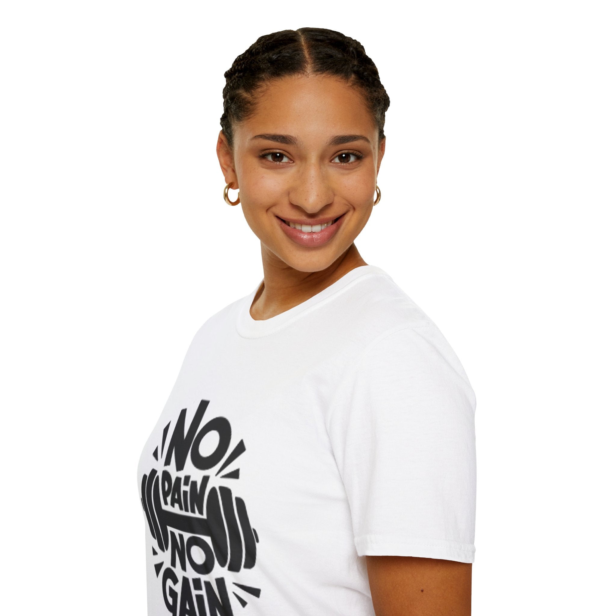 Side angle of fitness T-shirt showing unisex fit