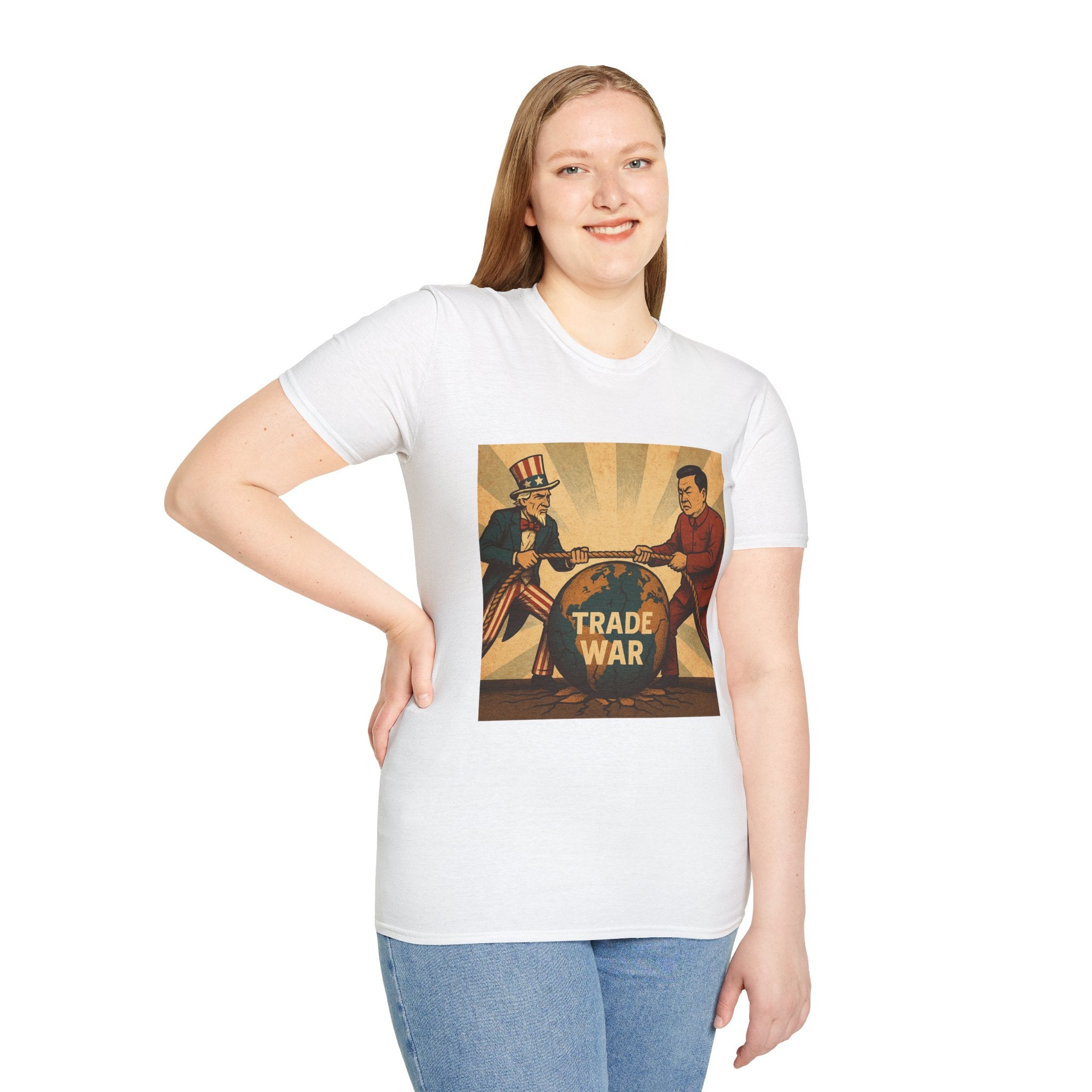 Woman wearing America vs China Trade War T-Shirt – front view 