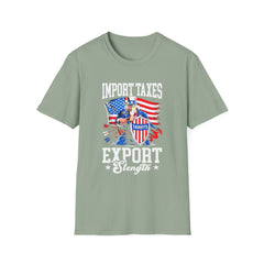 A graphic T-shirt with the text 'IMPORT TAXES EXPORT STRENGTH' and various symbols, including the American flag, an eagle, and stars.