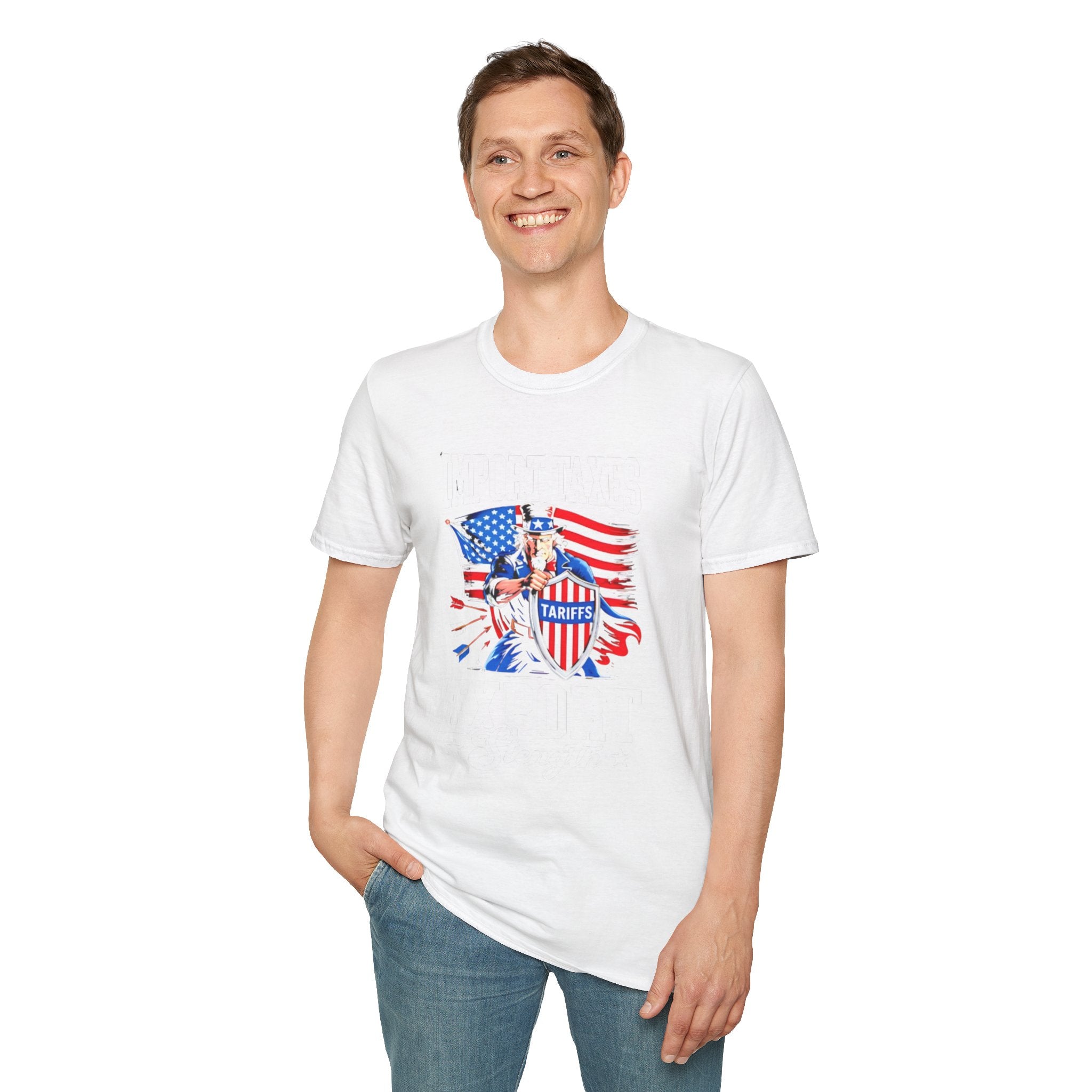 Front view of a premium Trump T-shirt worn by a male model
