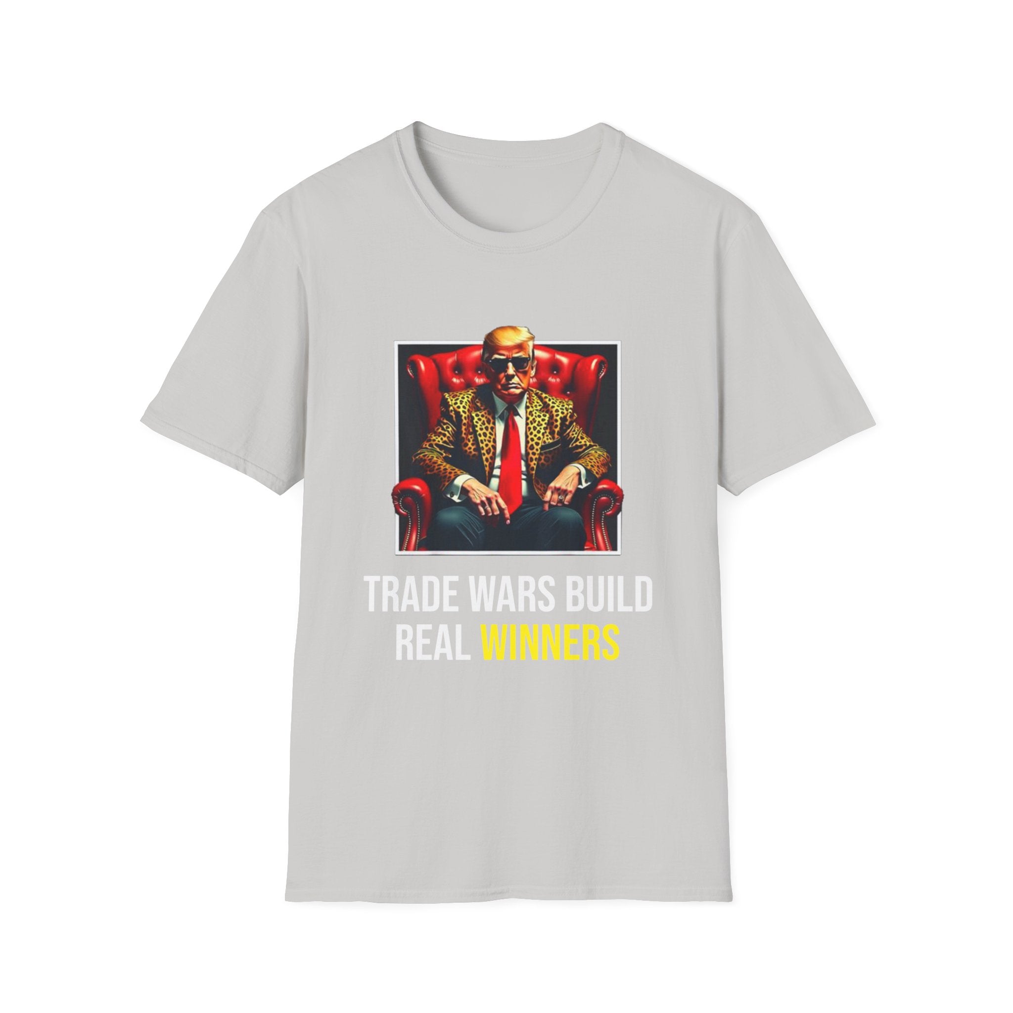 Front view of Trump America First T-shirt with “Build Trade War, Build Real Winners” slogan
