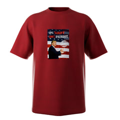 A red unisex t-shirt with a graphic that includes an image of a person and text reading '10% Tariff, 100% Patriot' against a background featuring an American flag.