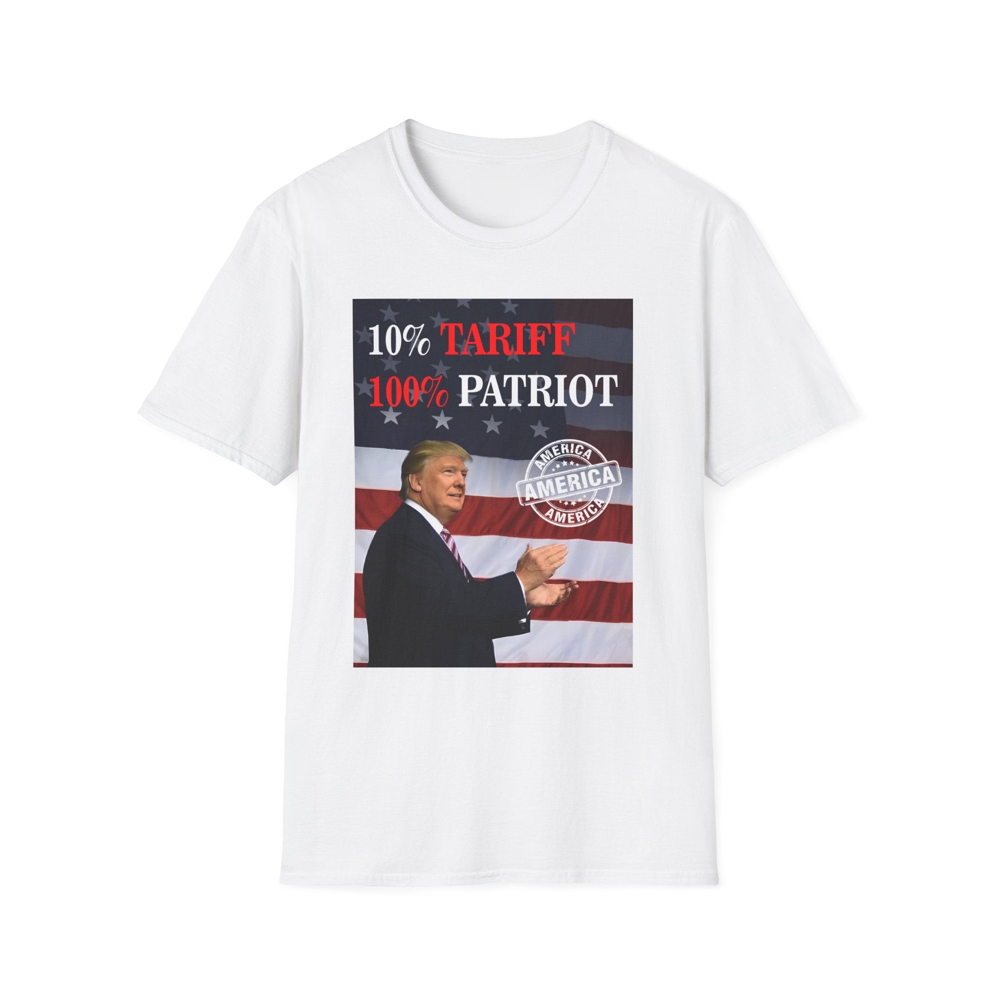 A red unisex t-shirt with a graphic that includes an image of a person and text reading '10% Tariff, 100% Patriot' against a background featuring an American flag.