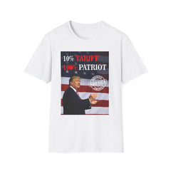 A red unisex t-shirt with a graphic that includes an image of a person and text reading '10% Tariff, 100% Patriot' against a background featuring an American flag.