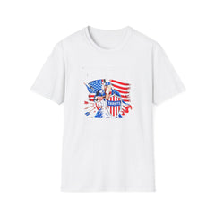 A graphic white T-shirt with the text 'IMPORT TAXES EXPORT STRENGTH' and various symbols, including the American flag, an eagle, and stars.